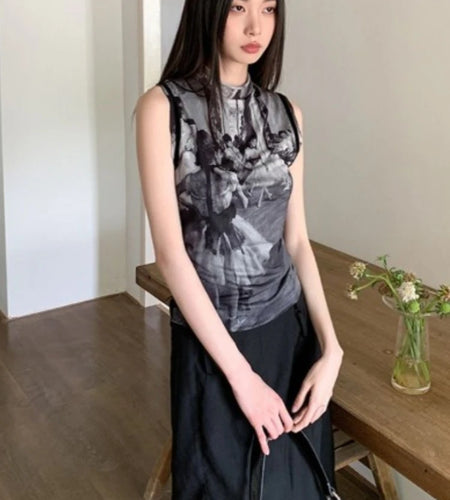 Print Sleeveless Woman T Shirts Crop Tops Summer Tees Half High Collae Gauze Tshirt Slim Fit Korean Camisetas Summer T-shirts