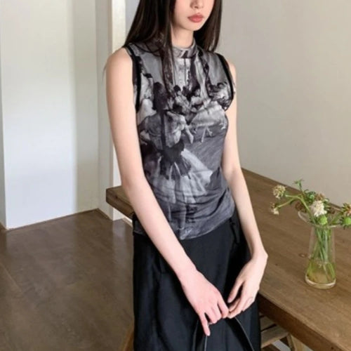 Load image into Gallery viewer, Print Sleeveless Woman T Shirts Crop Tops Summer Tees Half High Collae Gauze Tshirt Slim Fit Korean Camisetas Summer T-shirts
