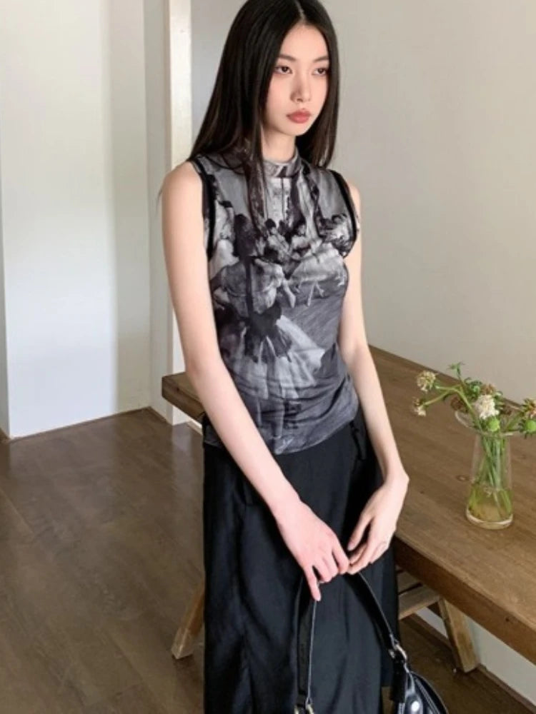 Print Sleeveless Woman T Shirts Crop Tops Summer Tees Half High Collae Gauze Tshirt Slim Fit Korean Camisetas Summer T-shirts