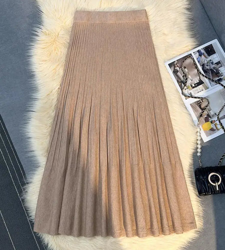 Autumn Winter New Women's Solid Elegant Knitted Long Skirt Elastic High Waist Vacation Party Wrap Hip Pleated Skirts 2024 Casual