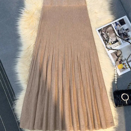 Load image into Gallery viewer, Autumn Winter New Women's Solid Elegant Knitted Long Skirt Elastic High Waist Vacation Party Wrap Hip Pleated Skirts 2024 Casual
