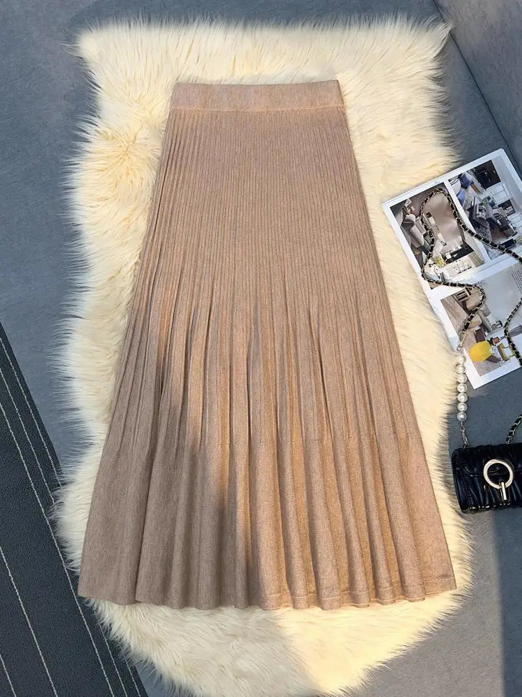 Autumn Winter New Women's Solid Elegant Knitted Long Skirt Elastic High Waist Vacation Party Wrap Hip Pleated Skirts 2024 Casual