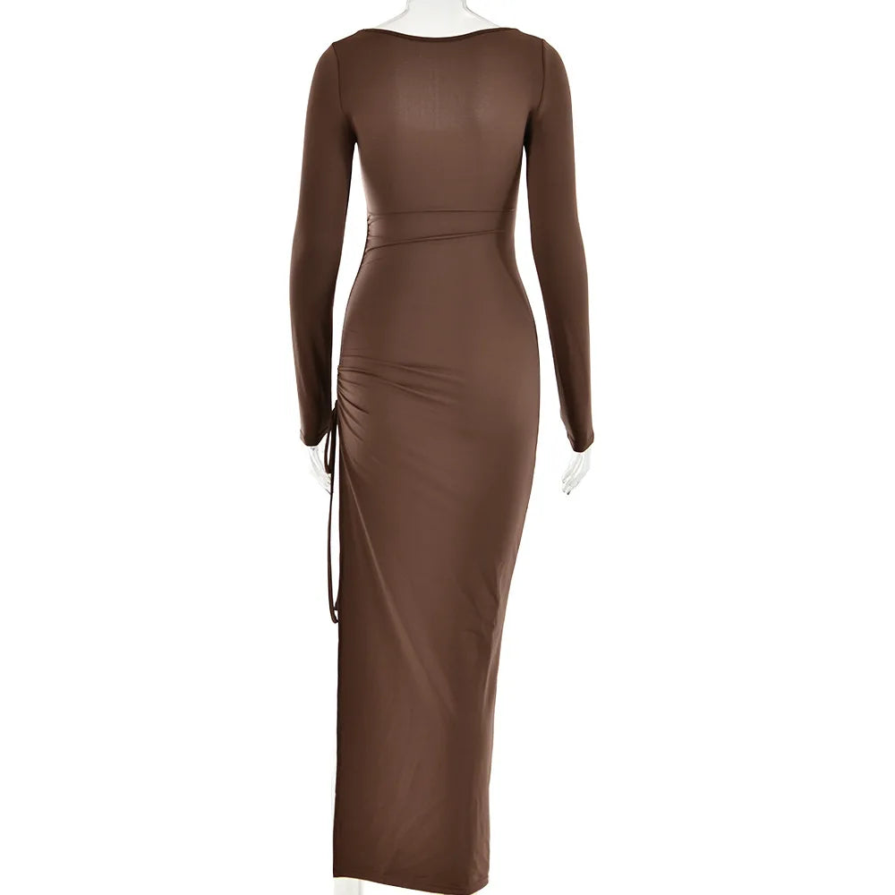 Long Sleeve Ruched High Split Maxi Dress Women Square Collar Drawstring Bodycon Sexy Party Long Dress Elegant Autumn