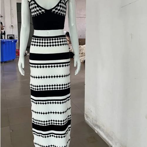 Load image into Gallery viewer, Striped Knit Two Piece Sets Women V Neck Sleeveless Crop Tops And Maxi Skirt Matching Sets Ladies Knit Skirt Sets
