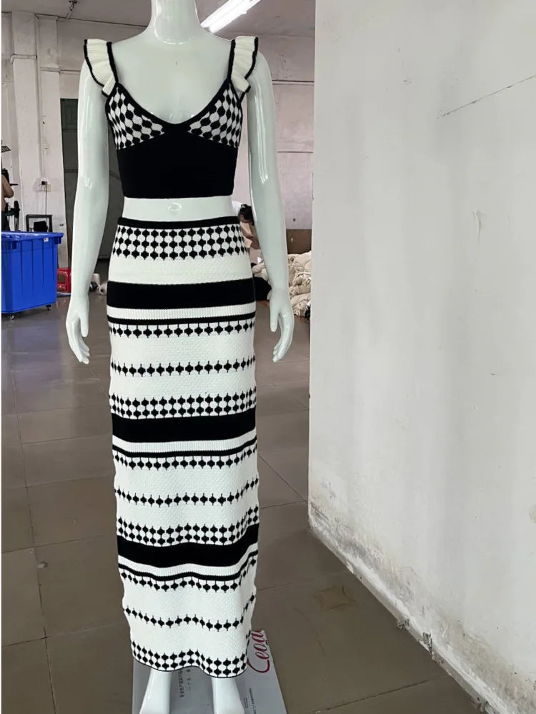 Striped Knit Two Piece Sets Women V Neck Sleeveless Crop Tops And Maxi Skirt Matching Sets Ladies Knit Skirt Sets