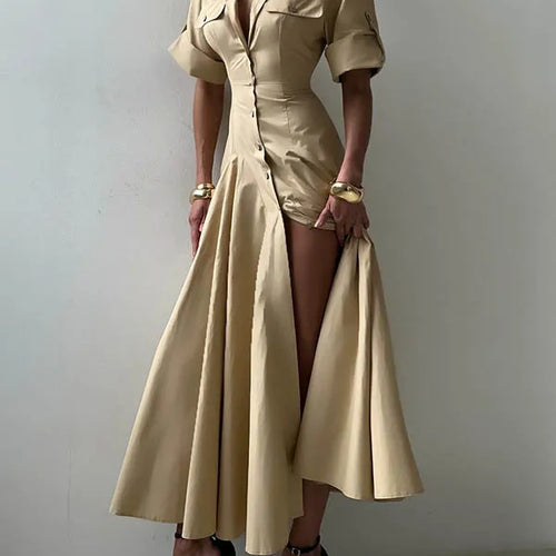 Load image into Gallery viewer, Summer Autumn khaki Shirts Maxi Dresses for Woman 2025 New Lapel Neck Buttoned Elegant Vintage A-line Long Dress Women
