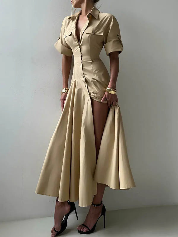 Summer Autumn khaki Shirts Maxi Dresses for Woman 2025 New Lapel Neck Buttoned Elegant Vintage A-line Long Dress Women