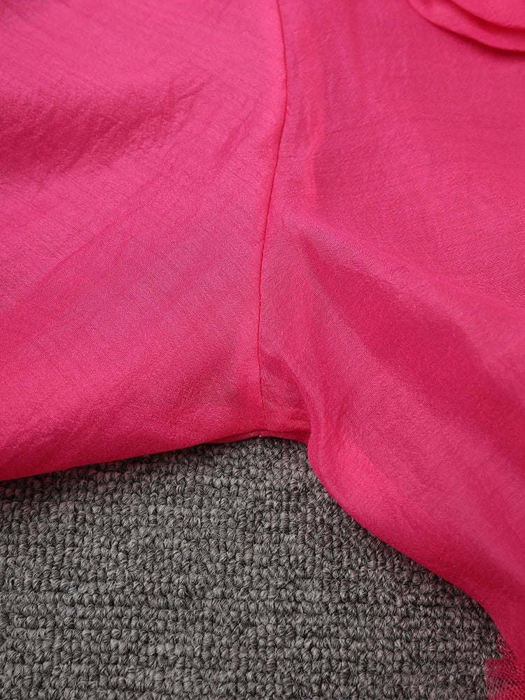 Women Rose Red Mesh Flower Big Size Mini Dress New Stand Collar Long Sleeve Fashion Tide Spring Autumn 2025 CPG3051