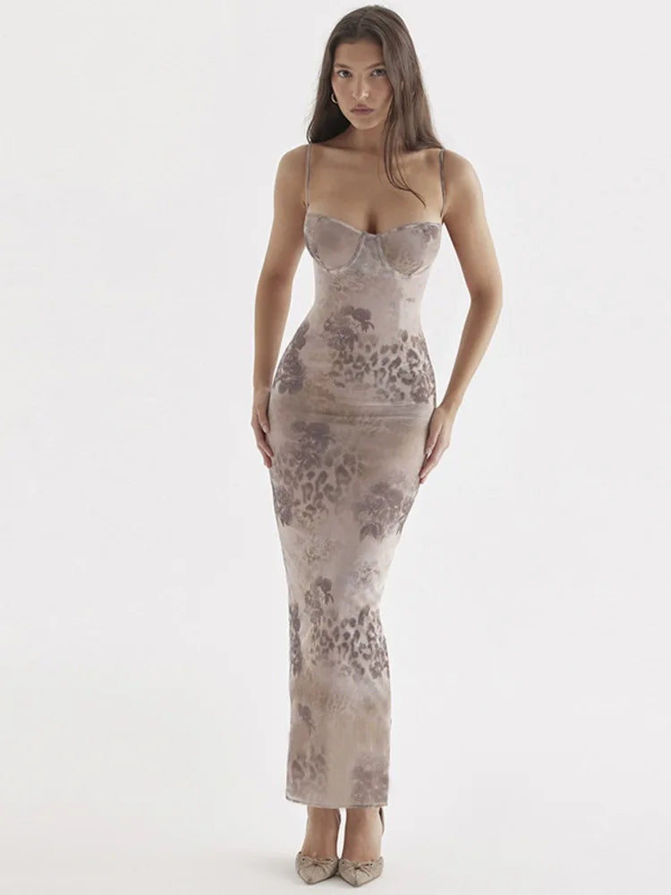 Sexy Women's Flower Print Sleeveless Long Dress 2023 Female Slim Fit High Waist Bodycon Dress Party Club Evening Dress