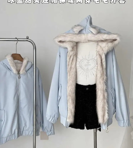 Korean Fashion Women's Blue Hooded Long Sleeved Elegant Short Cotton Coat Autumn Winter Warm Festival Zipper Jacket Tops Casual