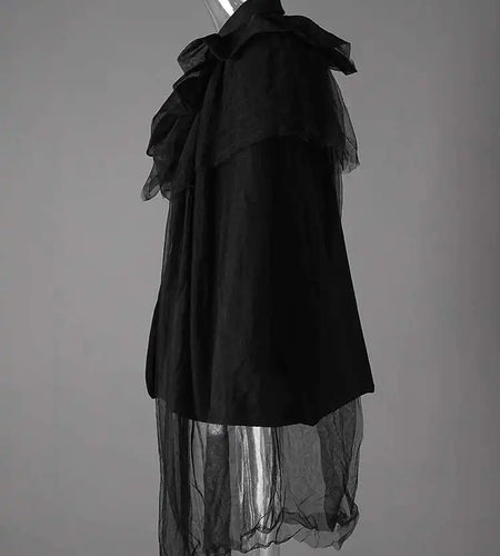 Women Black Irregular Mesh Ruffles Big Size Blazer New Lapel Long Sleeve Jacket Fashion Tide Spring Autumn 2025 CP3519