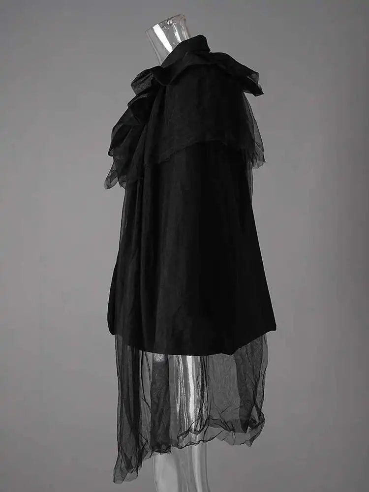 Women Black Irregular Mesh Ruffles Big Size Blazer New Lapel Long Sleeve Jacket Fashion Tide Spring Autumn 2025 CP3519