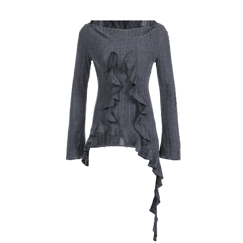 Grunge Style Ruffles Fringe Hooded T-shirt Women Chic Asymmetrical Hem Knitted Top Tee Autumn Gothic Clothes Korean