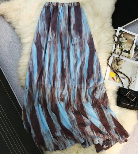 Korean Blue Brown Tie Dye Vacation Pleated Long Skirts Women Summer Vintage High Waist Festival Streetwear Mid-length Boho Skirt