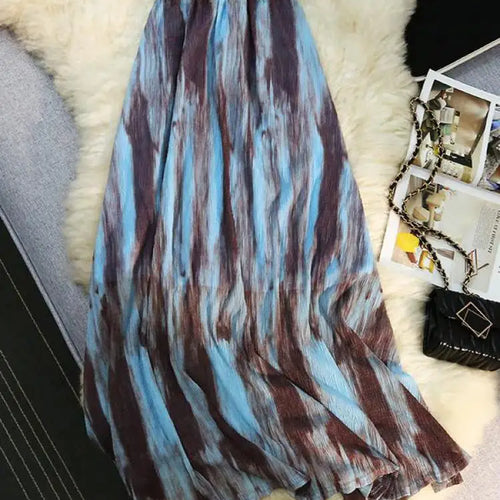 Load image into Gallery viewer, Korean Blue Brown Tie Dye Vacation Pleated Long Skirts Women Summer Vintage High Waist Festival Streetwear Mid-length Boho Skirt

