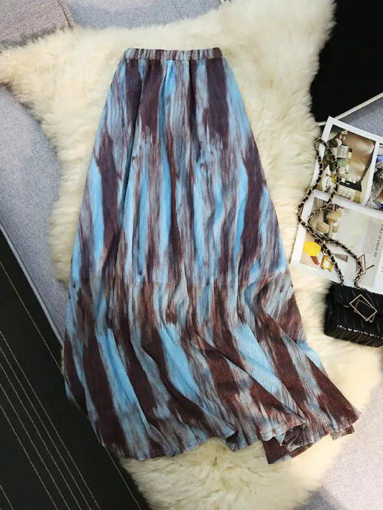 Korean Blue Brown Tie Dye Vacation Pleated Long Skirts Women Summer Vintage High Waist Festival Streetwear Mid-length Boho Skirt