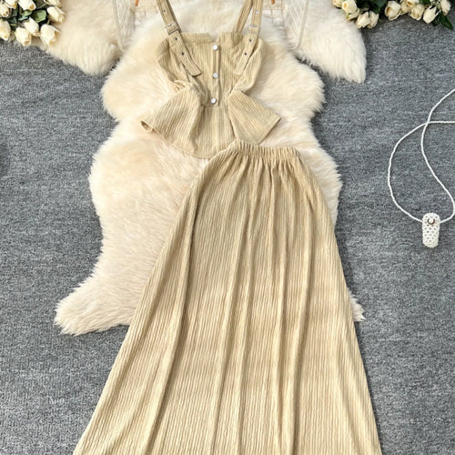 Load image into Gallery viewer, Summer Two Pieces Set Women Solid Sexy Club Elegant Button Backless Short Slip Tops And High Waist Pleated Long Skirt Suit Korea
