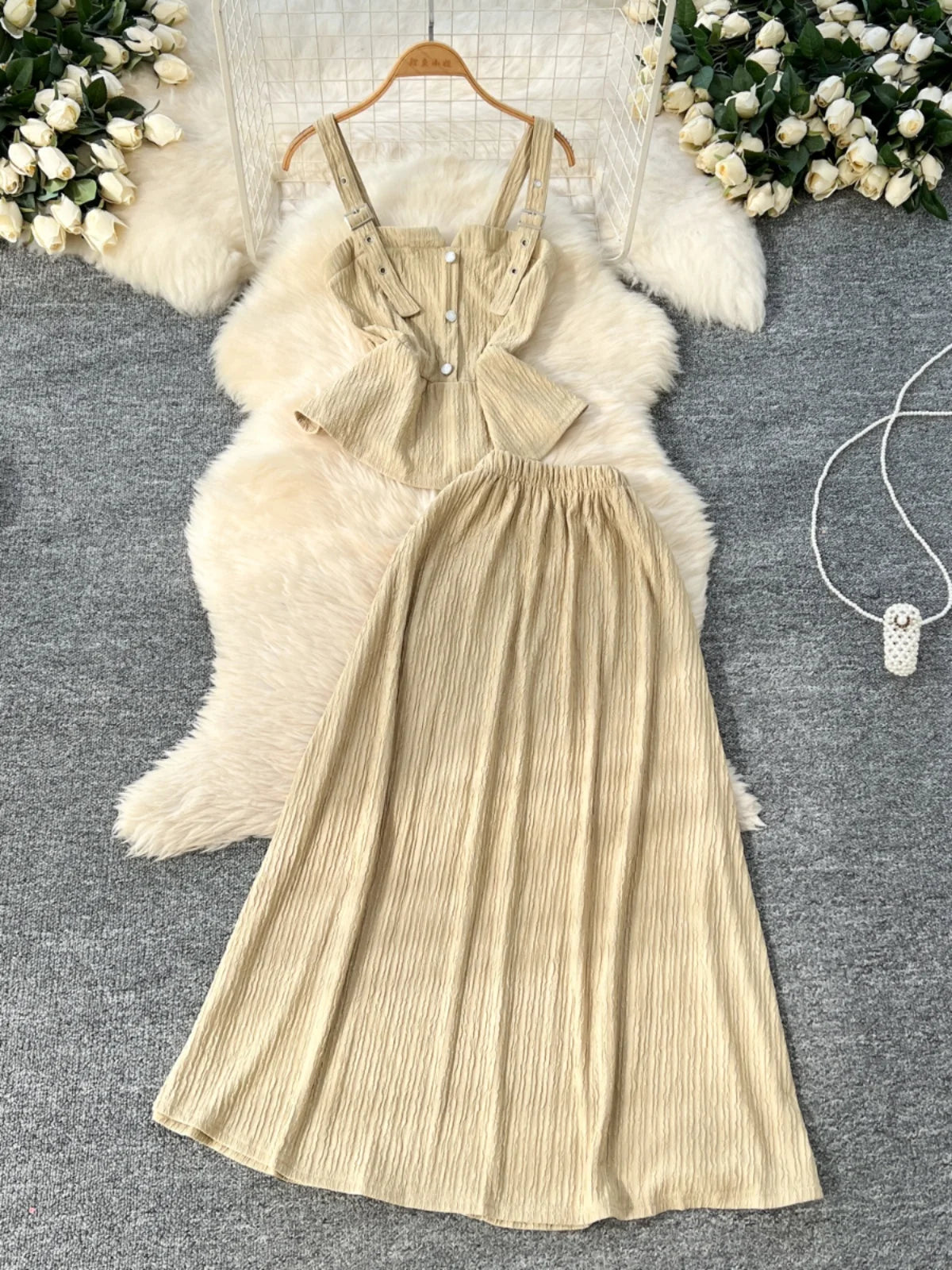 Summer Two Pieces Set Women Solid Sexy Club Elegant Button Backless Short Slip Tops And High Waist Pleated Long Skirt Suit Korea