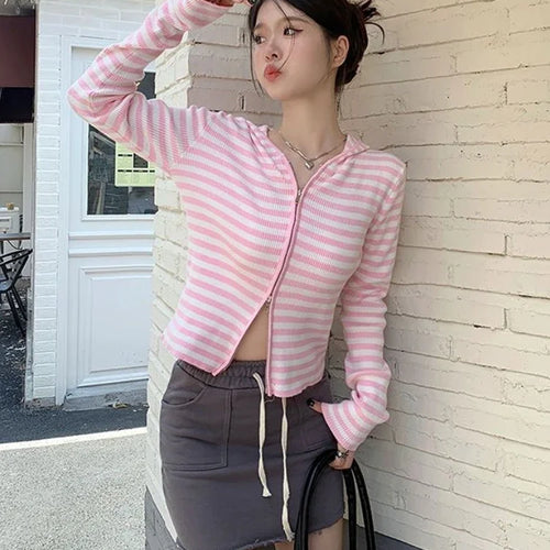 Load image into Gallery viewer, 2025 Pink Striped Vintage Y2k Aesthetic Women Cardigan Japanese Knitted Sweater Crop Coat Female Hooded Double Zipper Kardigany
