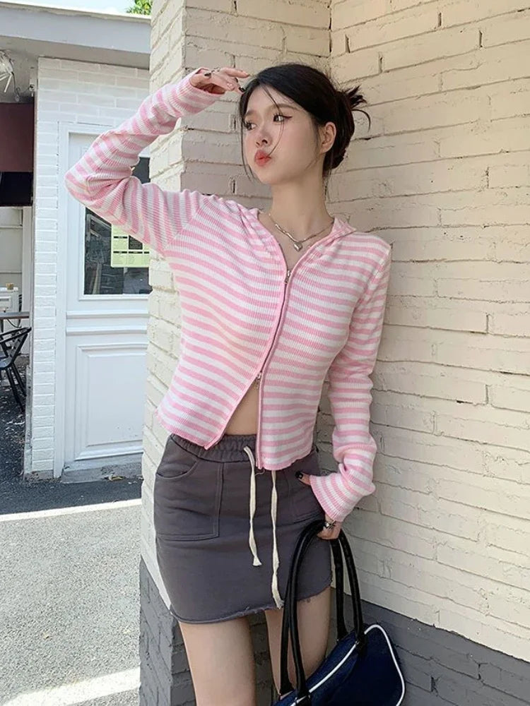 2025 Pink Striped Vintage Y2k Aesthetic Women Cardigan Japanese Knitted Sweater Crop Coat Female Hooded Double Zipper Kardigany
