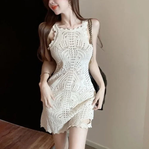 Load image into Gallery viewer, Y2k Knitted Hollow Out Sexy Mini Dress Women Autumn Knit Slip Party Bodycon Wrap Slim Spaghetti Strap Short Dresses
