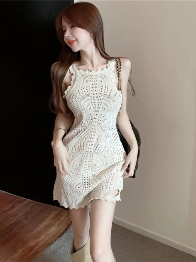 Y2k Knitted Hollow Out Sexy Mini Dress Women Autumn Knit Slip Party Bodycon Wrap Slim Spaghetti Strap Short Dresses