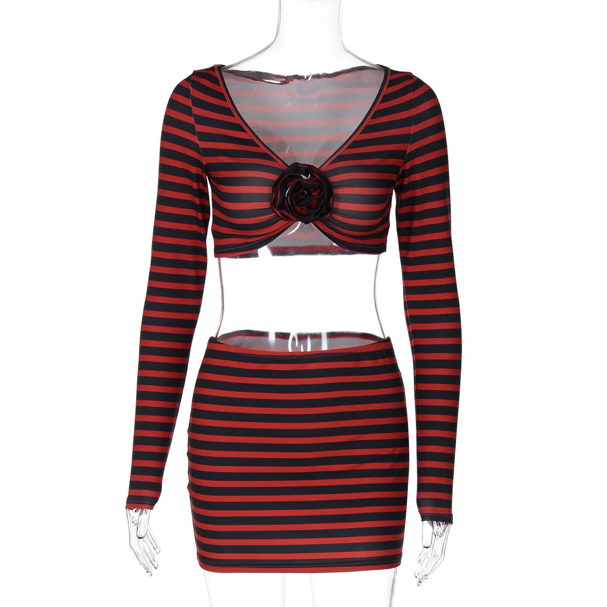 Striped Print Sexy Two Piece Set Women Floral V Neck Long Sleeve T-shirt And Mini Skirt Matching Set Sexy Two Piece Set
