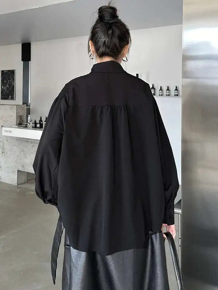 Women White Pleated Spliced Elegant Big Size Blouse New Lapel Long Sleeve Shirt Fashion Tide Spring Autumn 2025 1DH9133