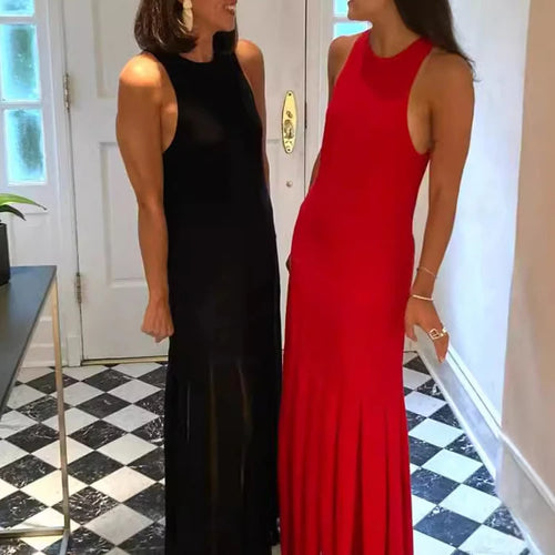 Load image into Gallery viewer, Red Sleeveless Knit Dress For Women Fashion Hollow Out O Neck Pleated Maxi Dress Ladies Solid Beach Party Long Dress
