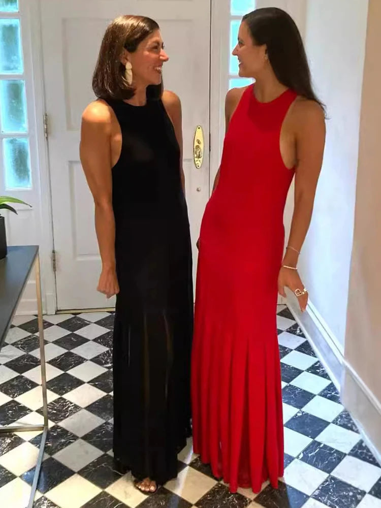 Red Sleeveless Knit Dress For Women Fashion Hollow Out O Neck Pleated Maxi Dress Ladies Solid Beach Party Long Dress