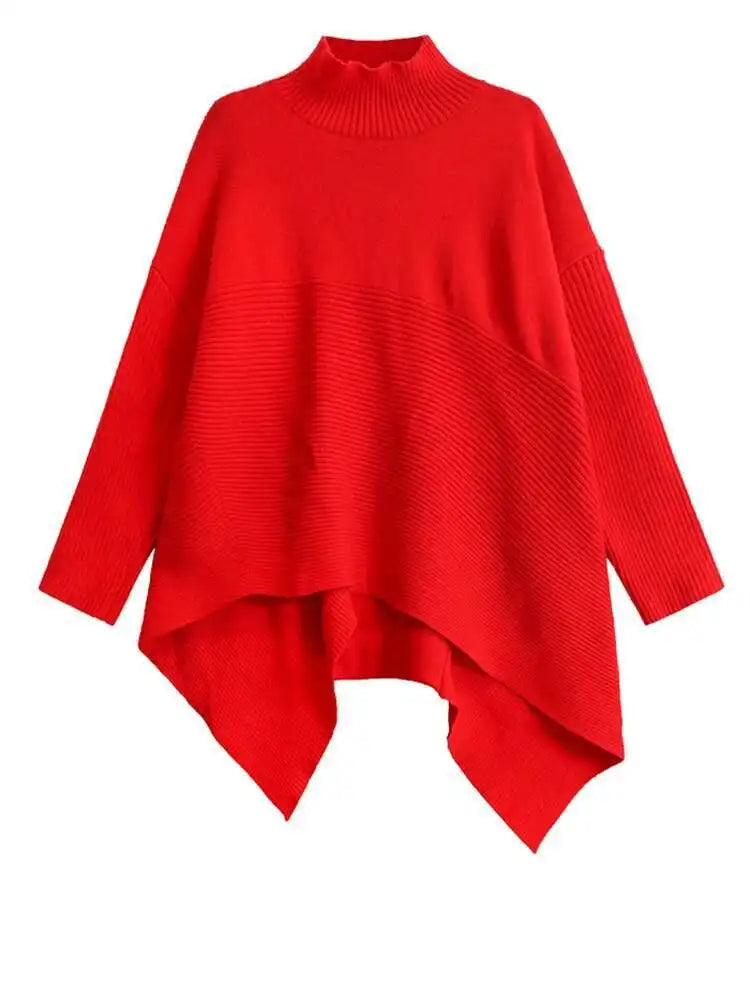 Red Irregular Big Size Knitting Sweater Turtleneck Long Sleeve Women Pullovers New Fashion Tide Spring Autumn 2025 1DH9445