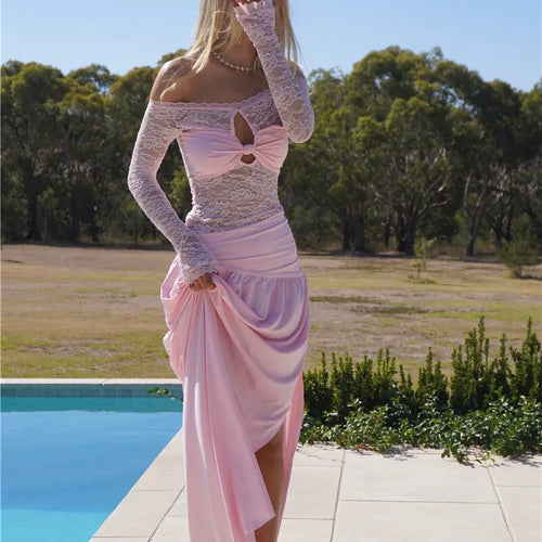 Load image into Gallery viewer, Lace Hollow Out Sexy Maxi Dress Women Gown Off-shoulder Strapless Long Sleeve Backless Split Pleated Long Dress
