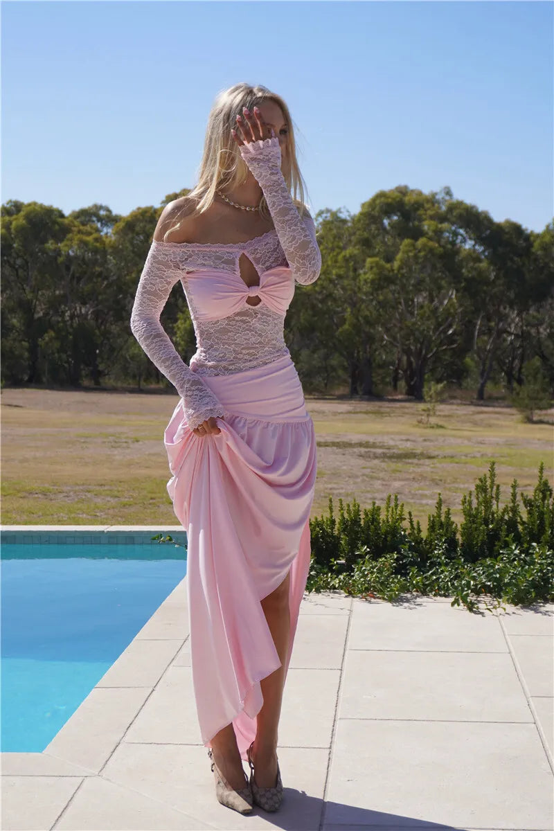 Lace Hollow Out Sexy Maxi Dress Women Gown Off-shoulder Strapless Long Sleeve Backless Split Pleated Long Dress