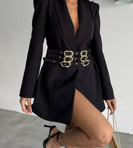 Solid Slimming Spliced Belts Fashion Blazers for Women Lapel Long Sleeves Patchwork Button Blazer Female Clothing
