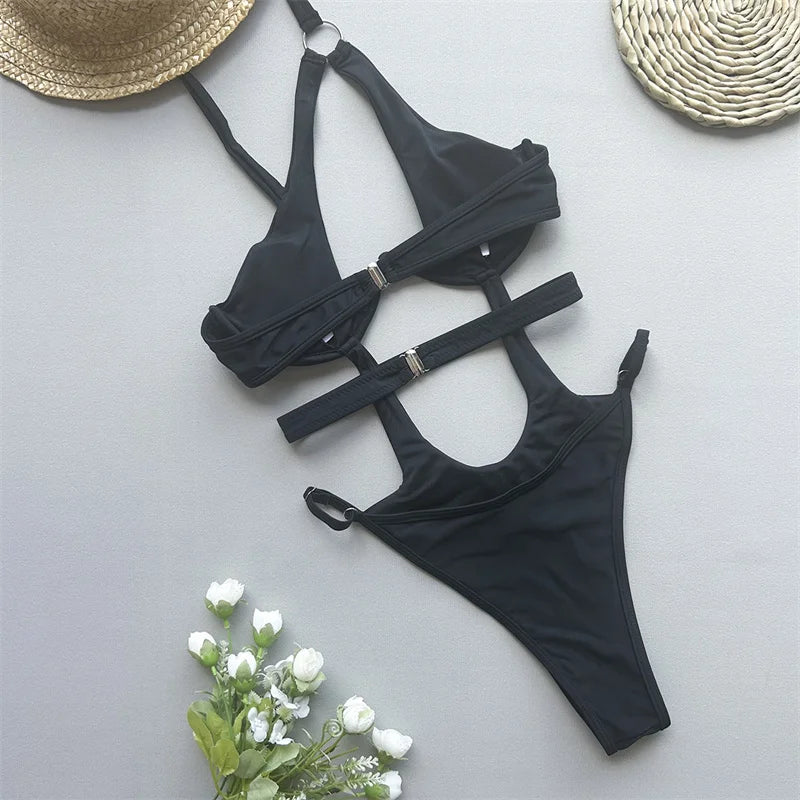 Asymmetric Underwired Cut Out Women Swimwear One Piece Swimsuit Female High Cut Monokini Hollow Out Swimsuit