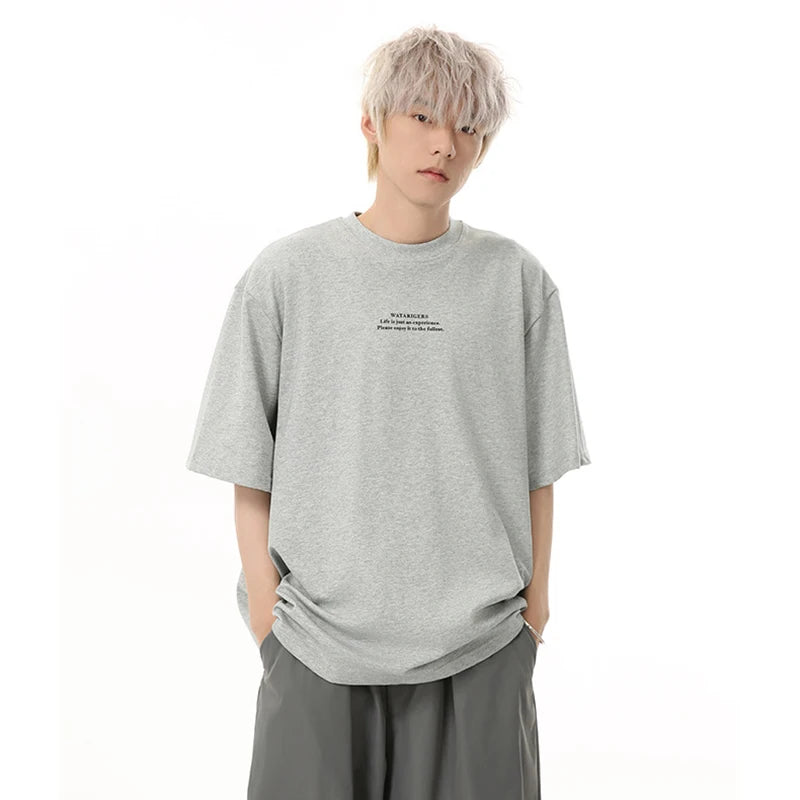 Men's T-shirts Short Sleeve New Korean Style Letter Print Design Round Neck Solid Color Trendy Male Pullover Top 9W1834