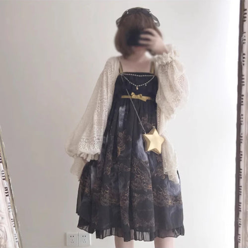 Load image into Gallery viewer, 2025 Summer Y2k Aesthetic Women Cardigan Solid Sweet Lace Hollow Out Loose Knitted Harajuku Grunge Lantern Sleeve Bandage Tops
