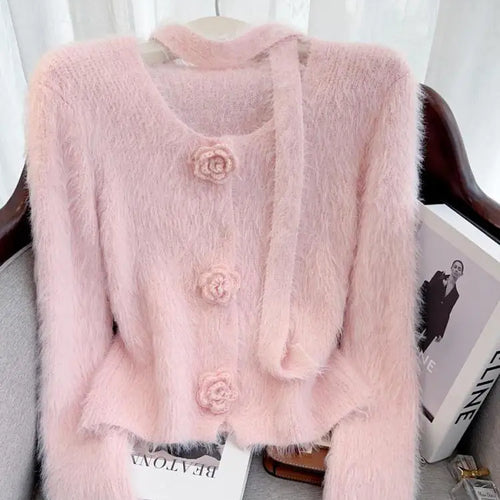 Load image into Gallery viewer, French Vintage Women Solid Elegant Long Sleeve Knitted Mink Sweater 2024 New Autumn Winter Ladies Round Neck Flower Cardigan Top
