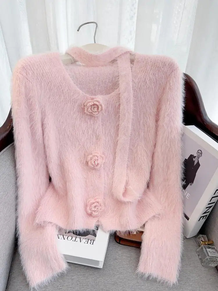 French Vintage Women Solid Elegant Long Sleeve Knitted Mink Sweater 2024 New Autumn Winter Ladies Round Neck Flower Cardigan Top