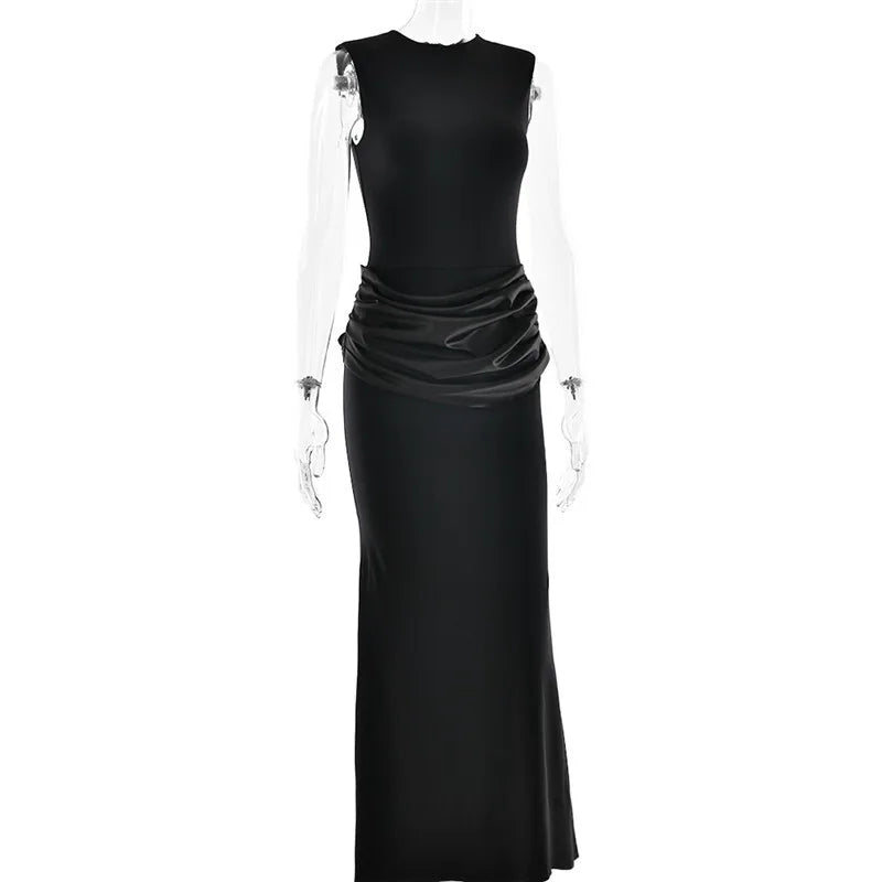 Sleeveless Ruched Sexy Maxi Dress For Women Gown Fashion Black O Neck High Waist Bodycon Club Party Long Dress Vestido