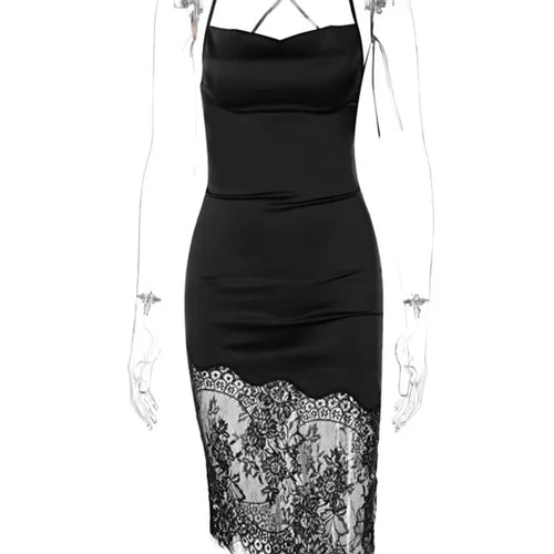 Load image into Gallery viewer, Lace Patchwork Backless Midi Dress Women Black Sexy Lace Up Skinny Dress Clubwear Fashion Satin Bandage Vestidos Hot

