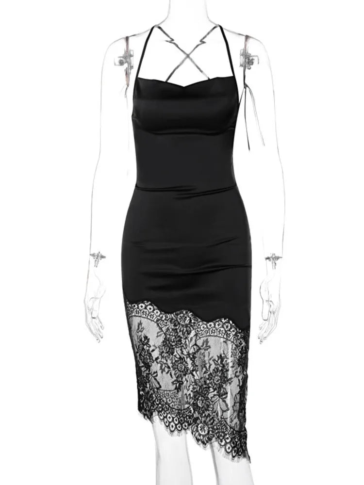Lace Patchwork Backless Midi Dress Women Black Sexy Lace Up Skinny Dress Clubwear Fashion Satin Bandage Vestidos Hot