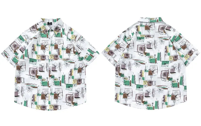 Summer Hawaiian Shirt Harajuku Graffiti Graphic Printed Button Up Beach Blouse Men Hip Hop Casual Baggy Short Sleeve Shirts Tops