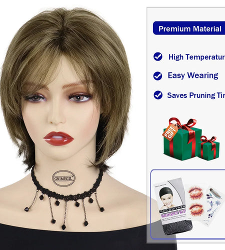 Synthetic Hair Wigs for Women Mix Brown Wig with Bangs Short Haircuts Bob Wig for Female Natural Wigs for Mother Daily