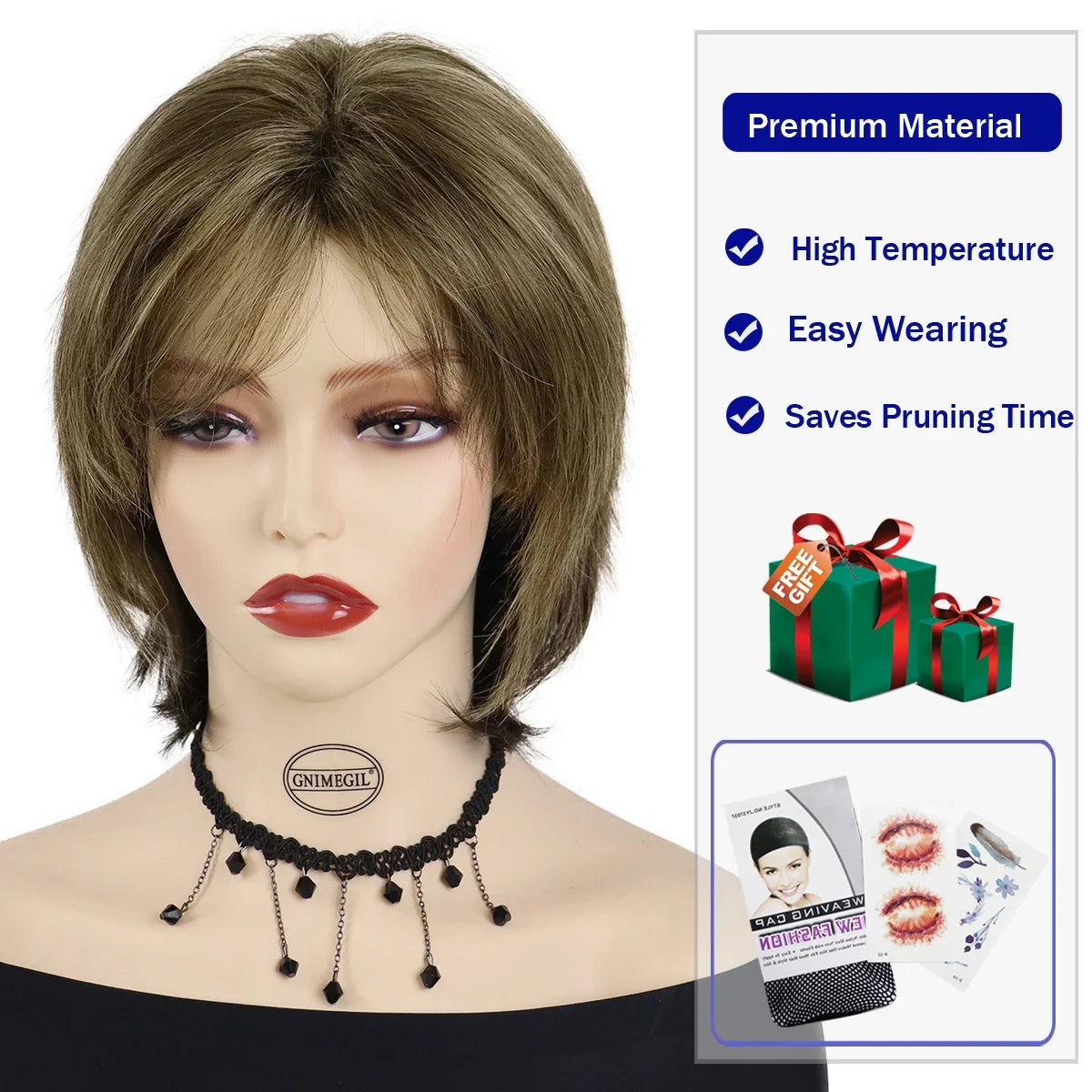 Synthetic Hair Wigs for Women Mix Brown Wig with Bangs Short Haircuts Bob Wig for Female Natural Wigs for Mother Daily