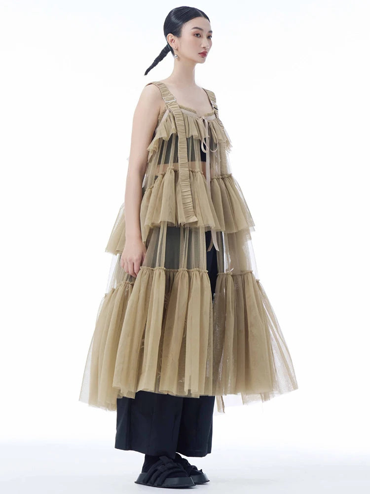 Women Black Mesh Perspective Big Size Strap Dress New Square Collar Sleeveless Fashion Tide Spring Summer 2025 1DJ1242