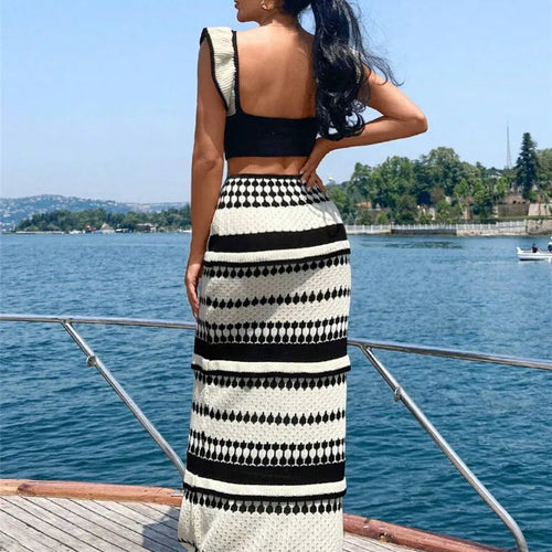 Load image into Gallery viewer, Striped Knit Two Piece Sets Women V Neck Sleeveless Crop Tops And Maxi Skirt Matching Sets Ladies Knit Skirt Sets

