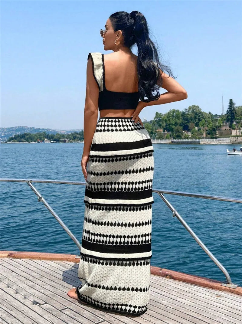 Striped Knit Two Piece Sets Women V Neck Sleeveless Crop Tops And Maxi Skirt Matching Sets Ladies Knit Skirt Sets