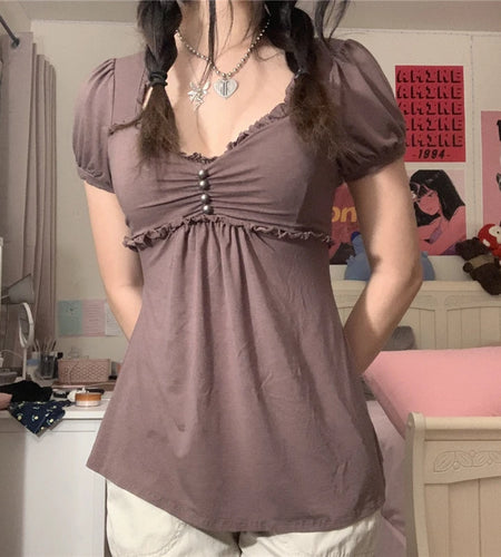 Vintage Aesthetic Women T Shirt Elegant Ladies Short Sleeve V Neck Ruffled Tops Summer Lolita Kawaii Grunge Clothes