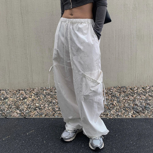 Load image into Gallery viewer, Casual White Drawstring Ribbon Cargo Trousers Women Harajuku Korean Straight Baggy Pants Pockets Tech Sporty Outfits
